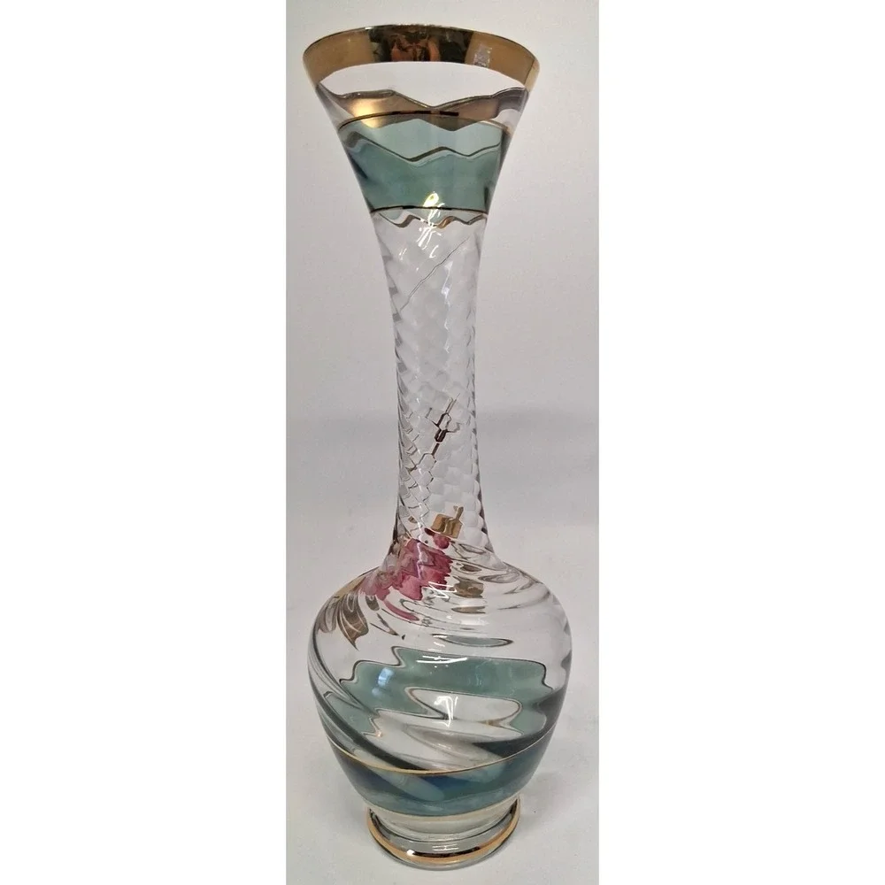 Vintage Bohemian Glass Vase with Enamel Rose Decoration and Gold Accents